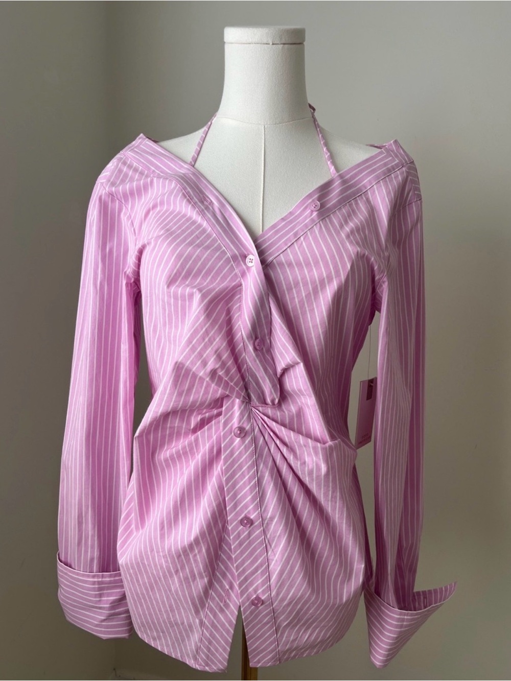 Good American Pink Striped Twist-Front Button Down Top